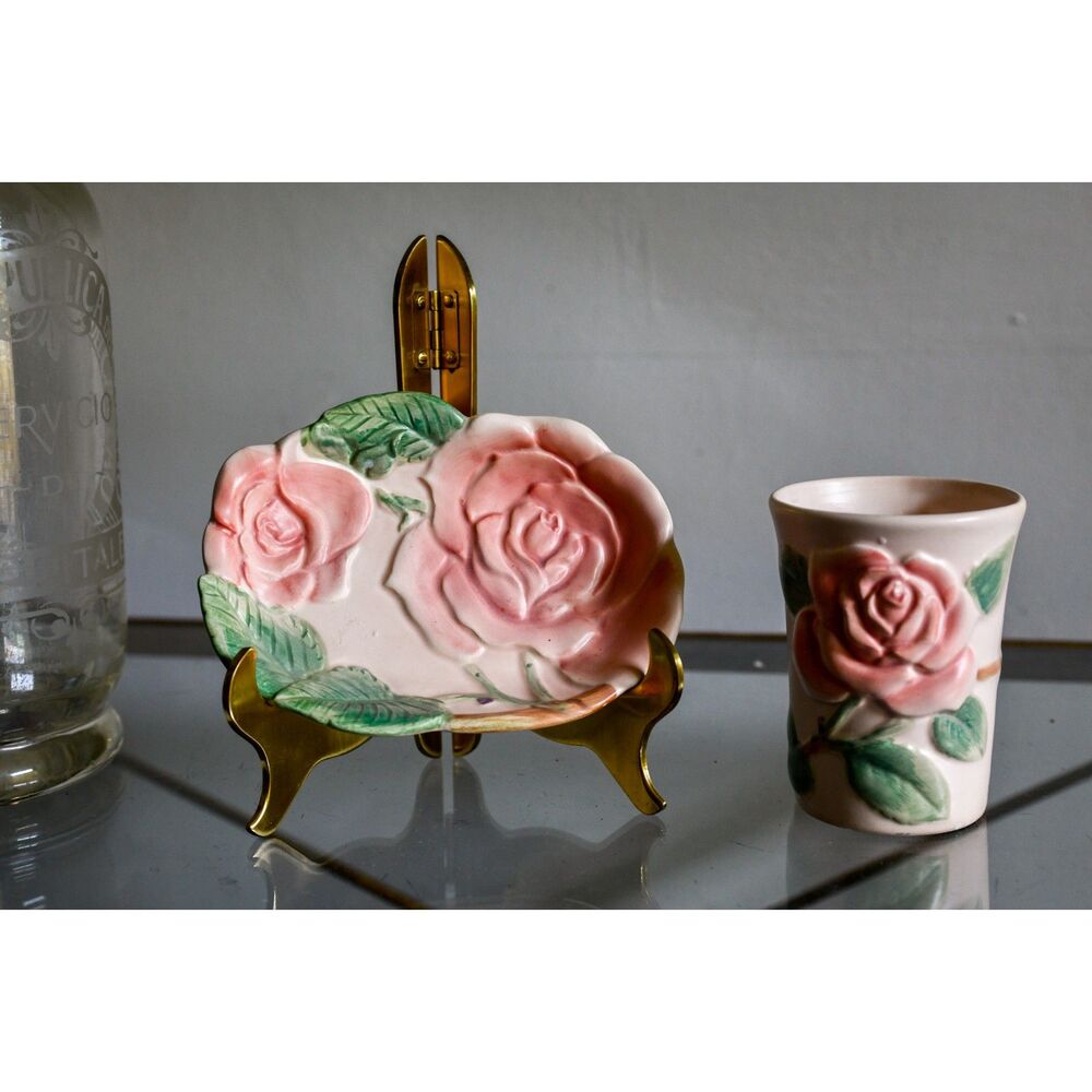 Vintage Fitz and Floyd Pink Rose Ceramic Bathroom Set Cup and Soap Dish FF 1987